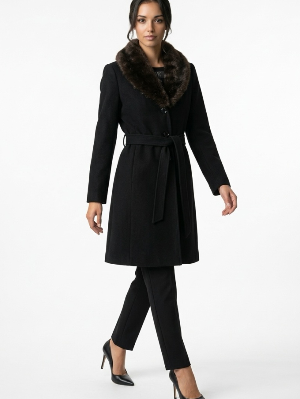 INC INTERNATIONAL CONCEPTS • Wool Cashmere Faux Fur Belted Coat Size 8